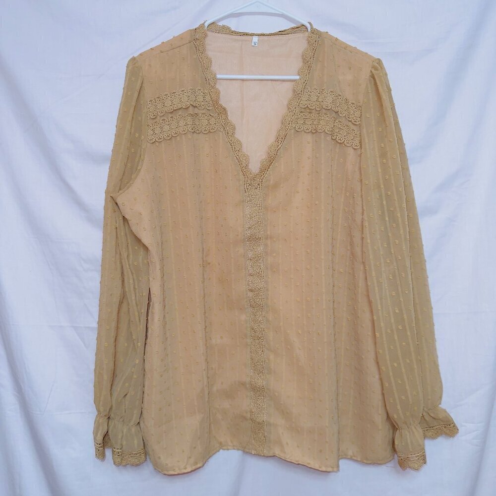 Amazon Branded Tan Long Sleeve Swiss Dot Detail V Neck Pullover Blouse Top 2XL